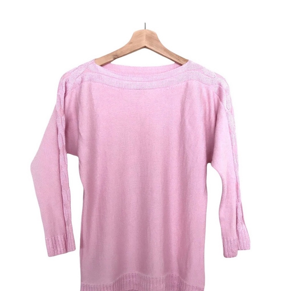 St. John Pink Knit Sweater M 3/4 Sleeve Boat Neck Cable Detail